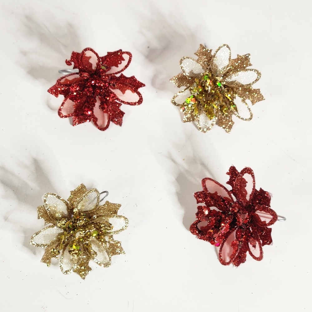 RED AND GOLD GLITTER FLOWER ORNAMENTS SET OF 4 - Picture 3 of 7